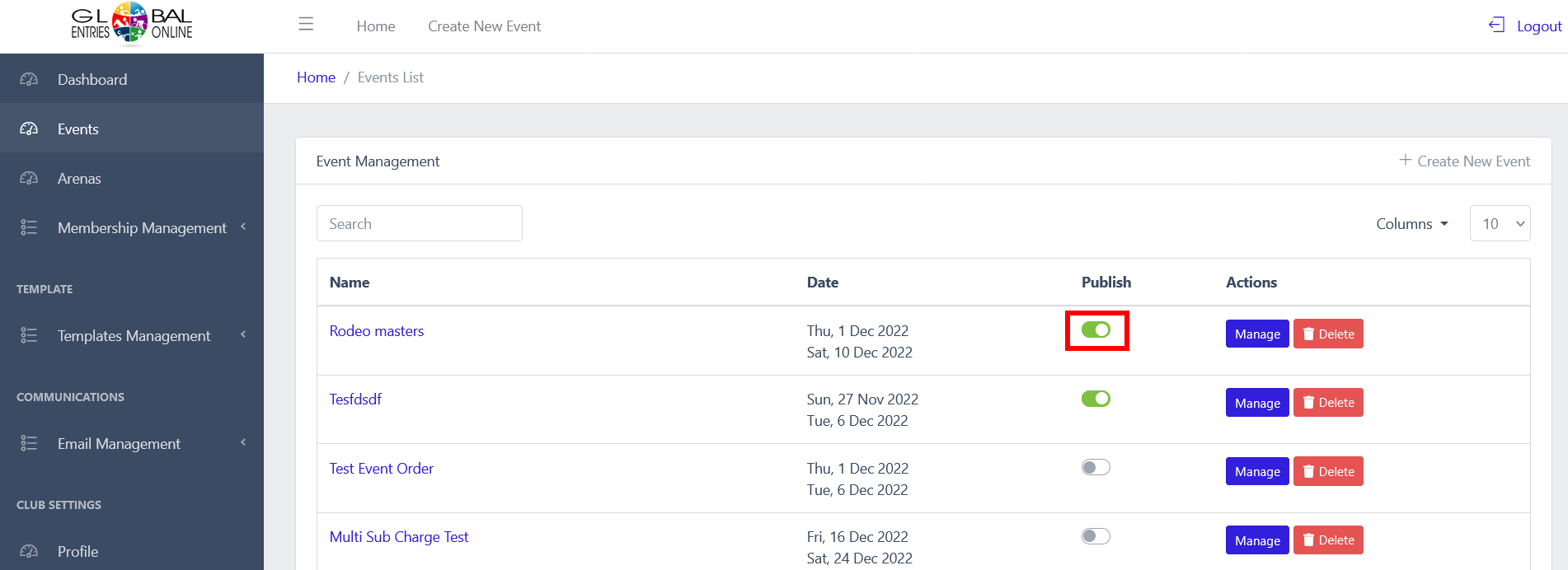 Publishing your Event Global Entries Online