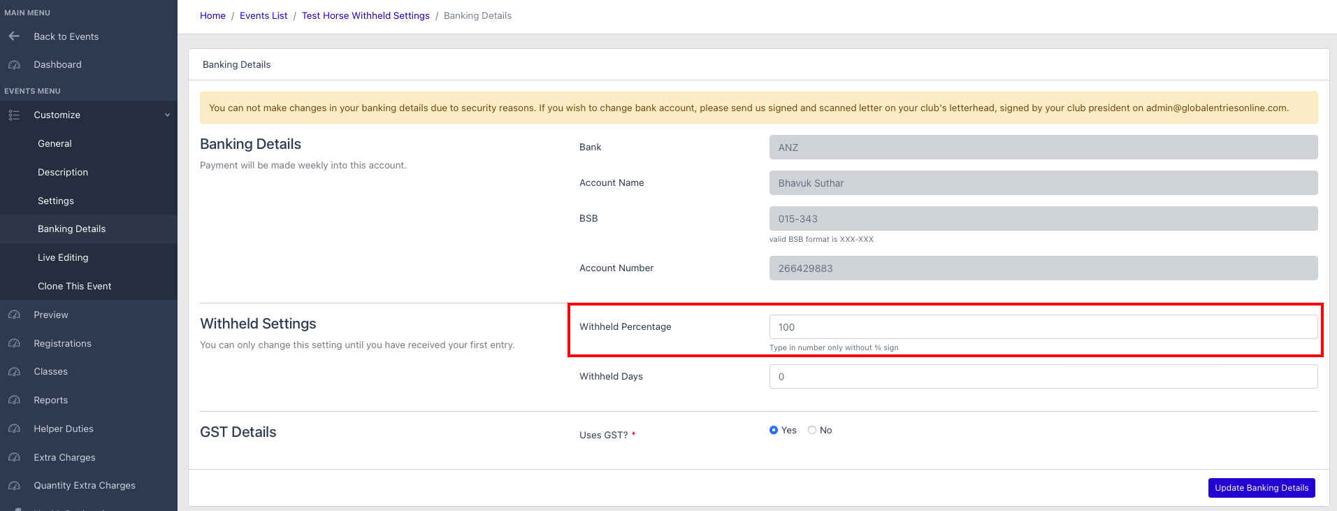 How to change withheld settings? Global Entries Online